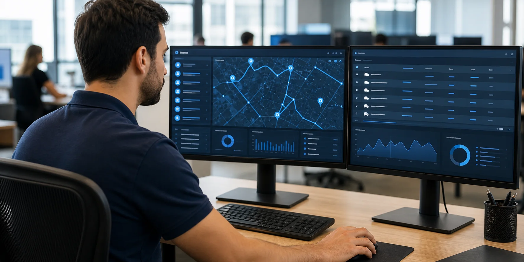 Especialista acompanhando uma frota em dois monitores